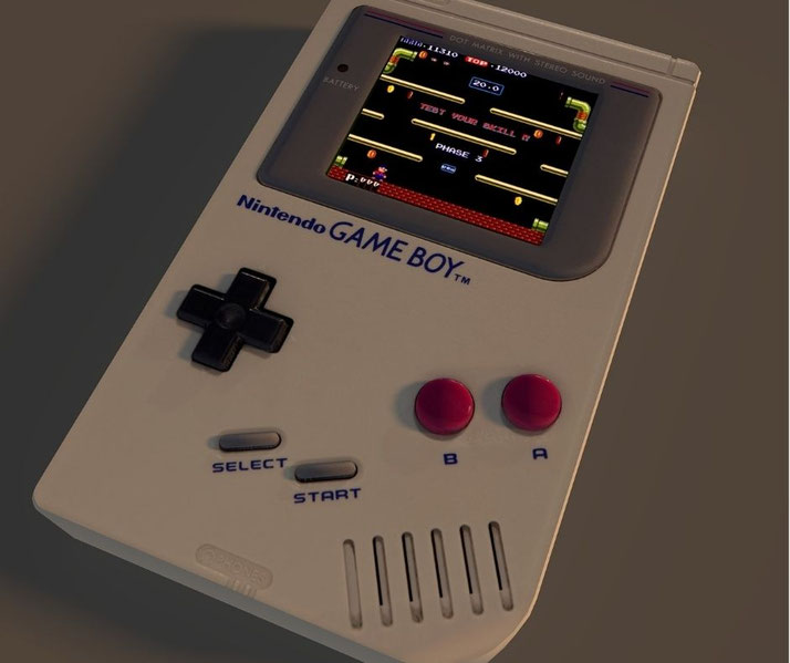Close-up of a classic Nintendo Game Boy handheld console displaying a retro platform game, with directional pad and magenta action buttons visible.