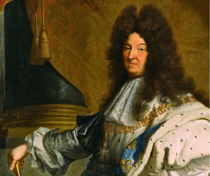 Louis XIV stands in royal robes beside a crown, holding a scepter in a formal full-length portrait.