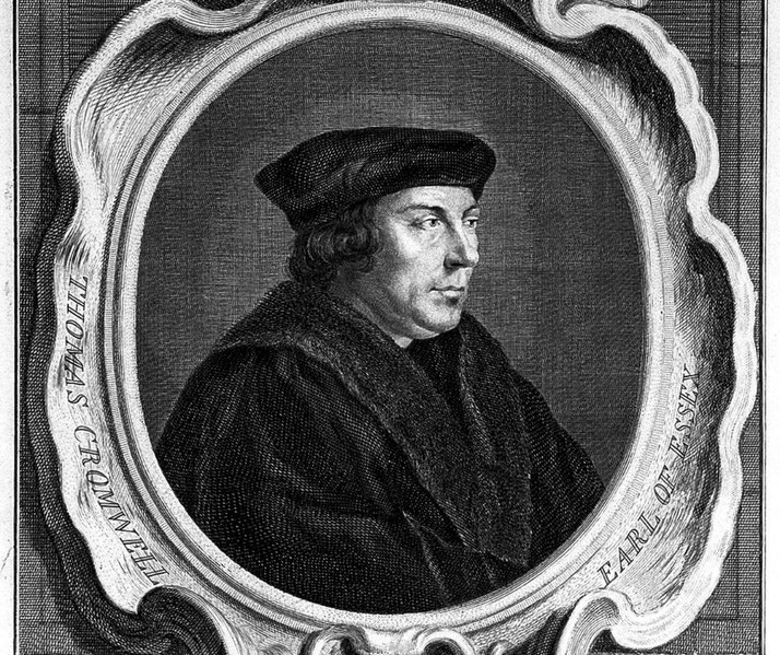 A historical engraving of Thomas Cromwell, Earl of Essex, depicted in a fur-lined robe and cap within an ornate frame. 