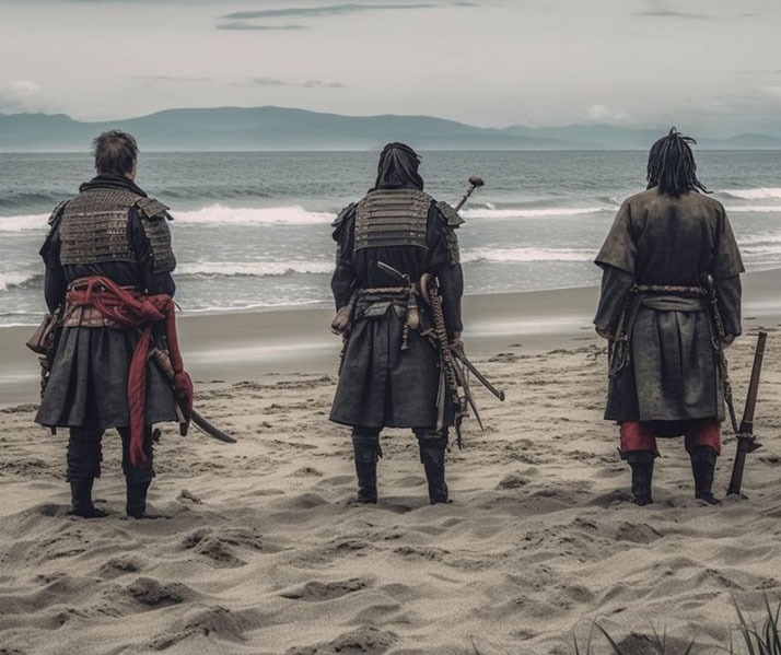 Samurai warriors on a beach