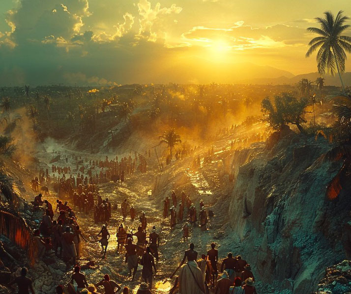 A large group of people moving through a rugged, sunlit landscape, possibly evoking historical migration, conflict, or escape, with a golden sunset casting long shadows.