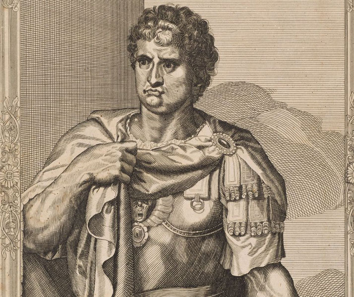 Etching of a stern-faced Roman figure in detailed armor and cloak, gripping the fabric with one hand against a patterned background.