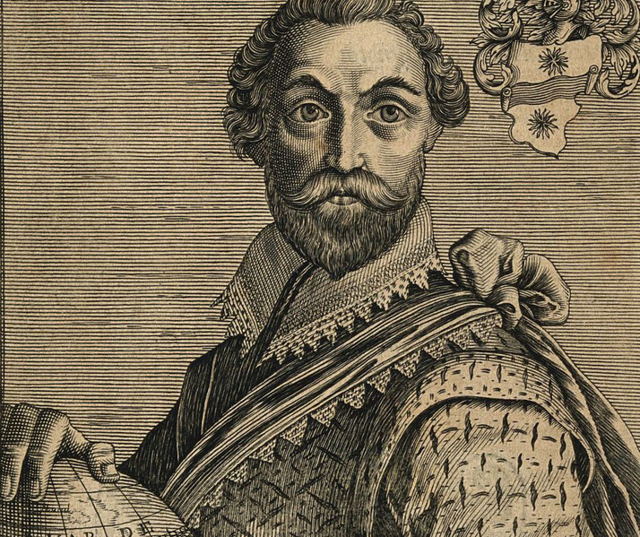 An antique engraving of a bearded man in elaborate attire, holding a globe. His detailed clothing and a coat of arms suggest nobility or exploration.