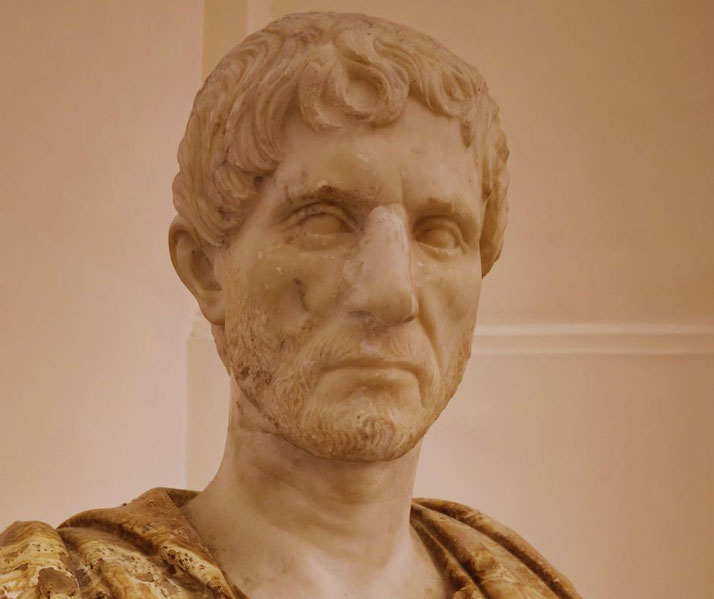 Marble bust of a man with short, wavy hair and a trimmed beard, wearing a draped garment with a stern, focused expression.