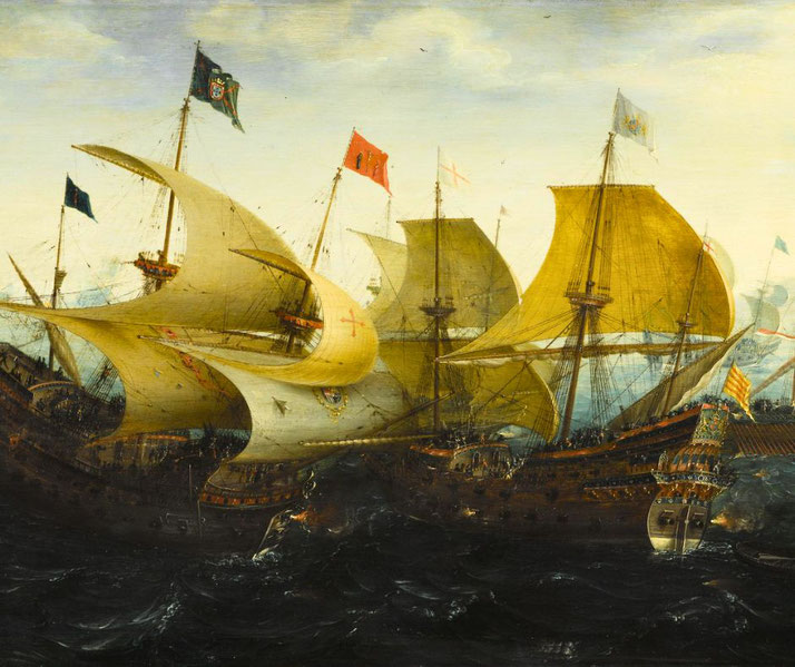 A dramatic naval battle scene with large sailing ships engaging in combat. Billowing sails, detailed rigging, and flags add to the intensity, while dark waves and cannon smoke enhance the sense of conflict.