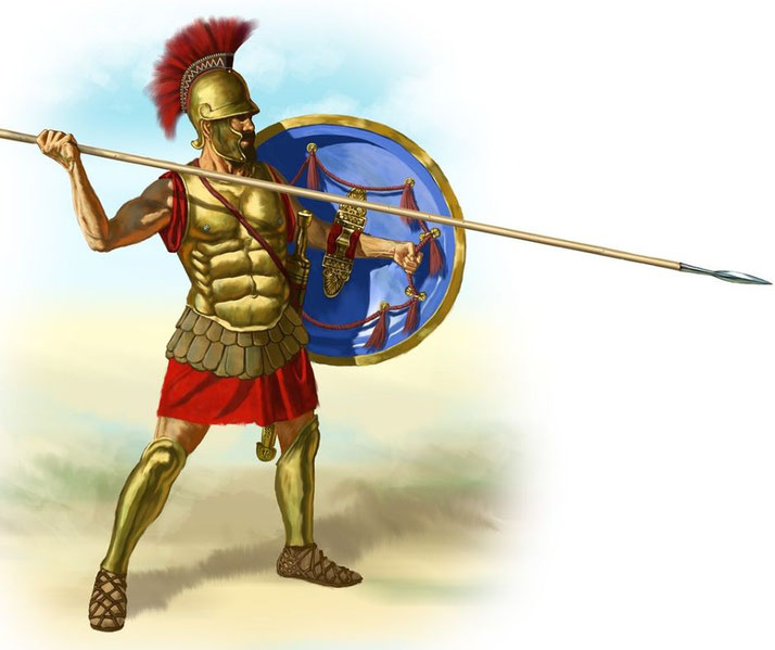 A Greek hoplite soldier wearing bronze armor, a Corinthian helmet, and greaves. He holds a spear and a blue shield adorned with tassels, poised for battle in a dynamic stance.