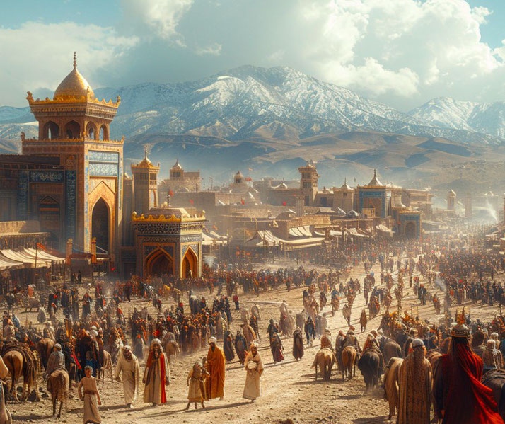 A vibrant medieval city bustling with people, adorned with golden-domed architecture and intricate designs, set against snow-capped mountains under a bright, clear sky. A lively marketplace scene unfolds.