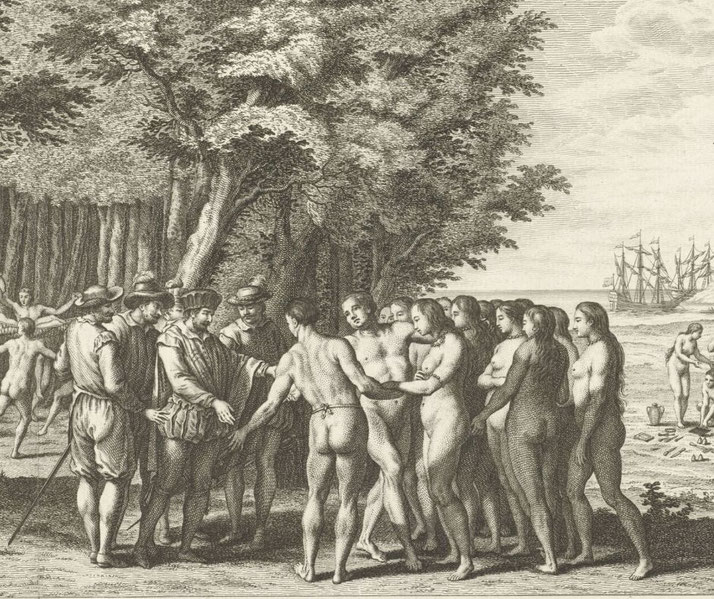 Hernán Cortés and his men, meeting Indigenous people near the shore. A group of Native women stands before them, while ships anchor in the background.