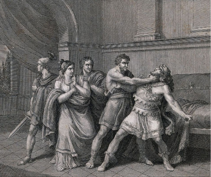 Black-and-white engraved scene of a violent confrontation indoors, where one man restrains another by the throat as shocked onlookers in draped garments react, suggesting a dramatic ancient narrative.
