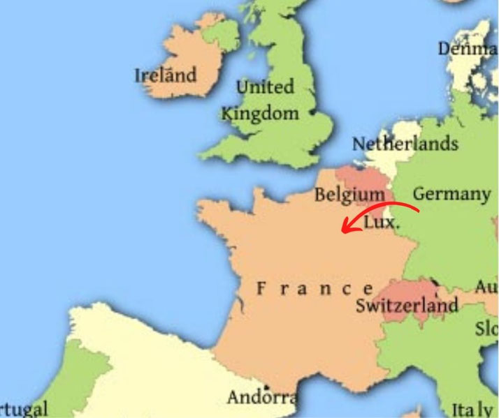 Map of Western Europe with a red arrow pointing to Luxembourg (labeled "Lux."), bordered by Belgium, France, and Germany.
