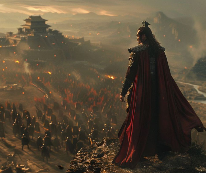 A warrior in armor and a red cape stands on a cliff, overlooking an army advancing toward a fortified palace.