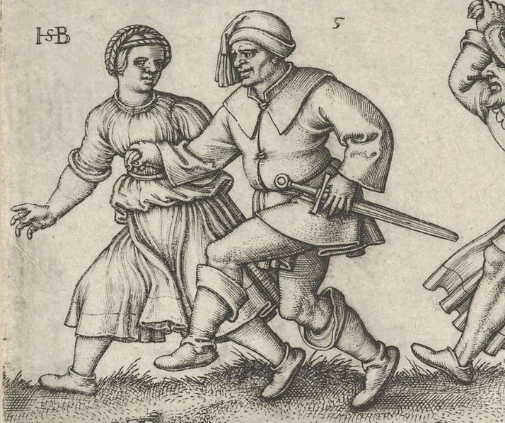 A peasant couple dancing. The man, wearing a tunic and a hat, holds a sword while leading the woman, who wears a dress and braids.