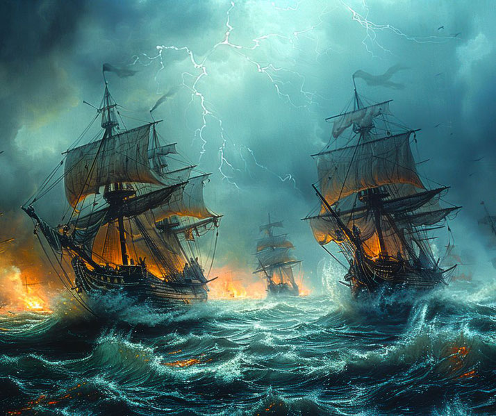 Sailing ships caught in a storm