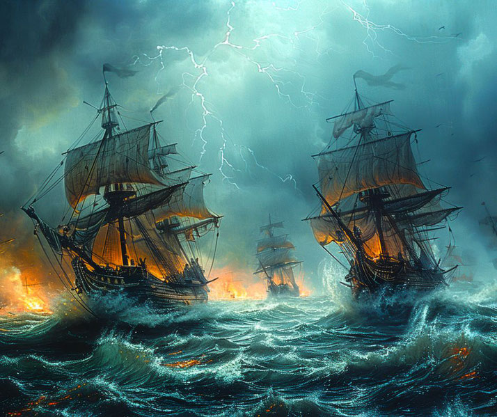 A dramatic stormy sea. Ships with billowing sails are engulfed in fire as lightning cracks overhead. The turbulent waves and dark sky add to the chaos and intensity.