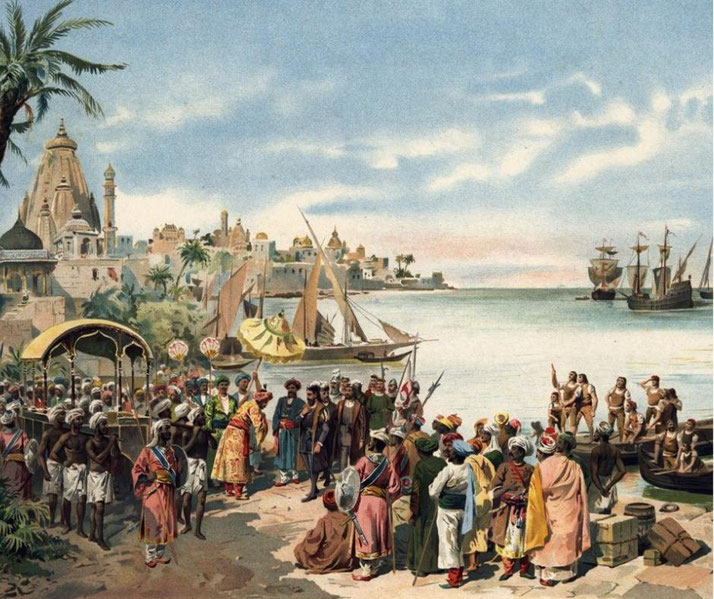 Vasco da Gama's arrival in India, showing a grand reception with local rulers, merchants, and sailors near a coastal city with European ships anchored offshore.