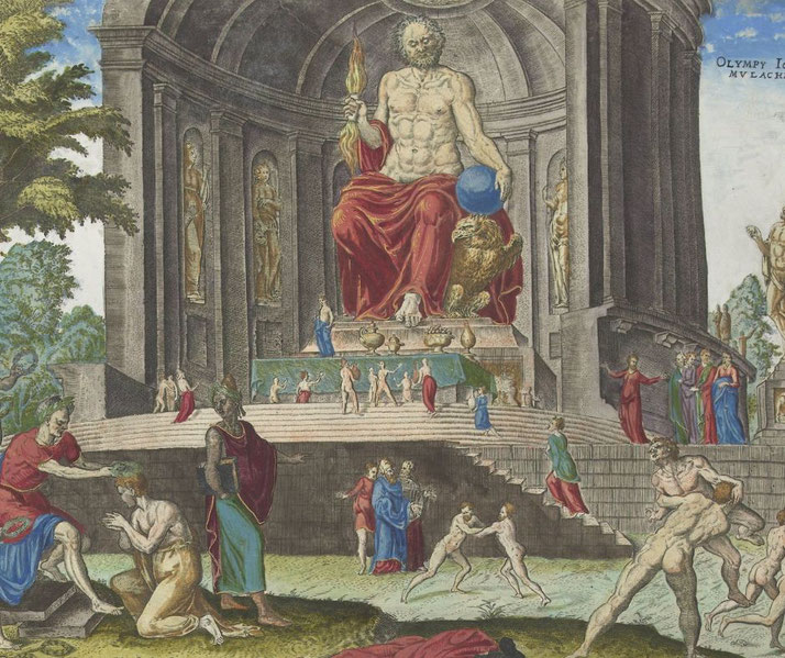 Classical illustration of the Statue of Zeus at Olympia with figures engaging in rituals, sports, and gatherings around the grand seated god.