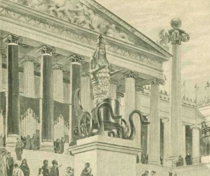 Illustration of the Temple of Artemis with grand columns, sculpted pediment, and a statue on a chariot pedestal surrounded by crowds.
