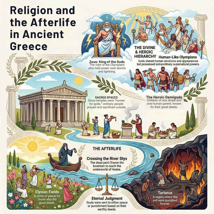 Illustrated infographic of ancient Greek religion, gods, temples, rituals, and afterlife scenes including Styx crossing, Elysian Fields, judgment, and Tartarus.