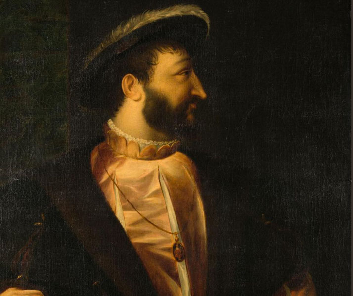 A classic oil portrait of a bearded man in Renaissance attire, wearing a feathered hat, a ruffled collar, and a gold pendant.