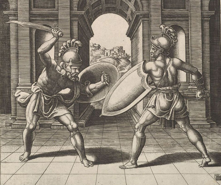 An old engraving of two Roman gladiators engaged in combat before a grand archway. One raises a sword to strike, while the other defends with a shield.