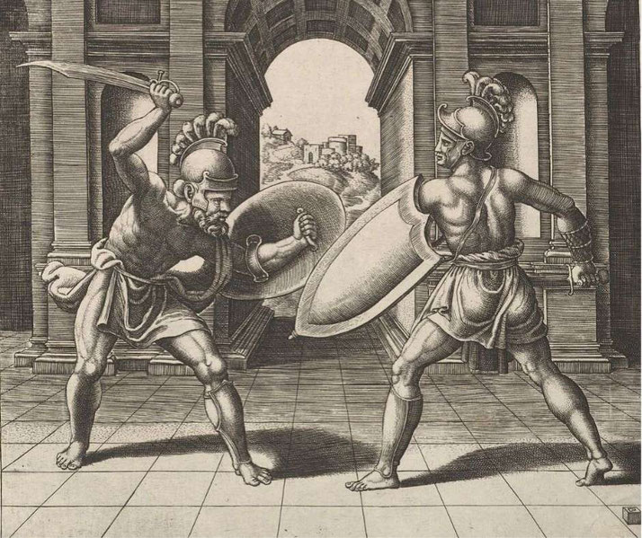 An old engraving of two Roman gladiators engaged in combat before a grand archway. One raises a sword to strike, while the other defends with a shield.