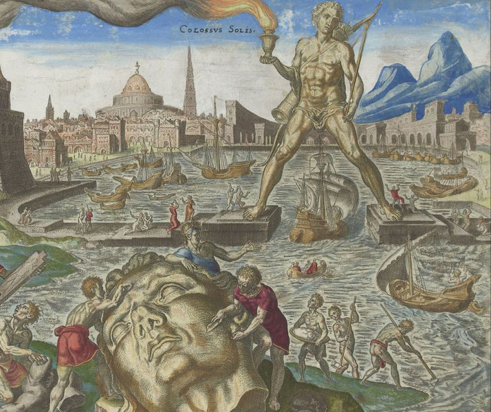 Artistic depiction of the Colossus of Rhodes straddling a harbor, with ships passing beneath and workers handling the statue’s broken remains.