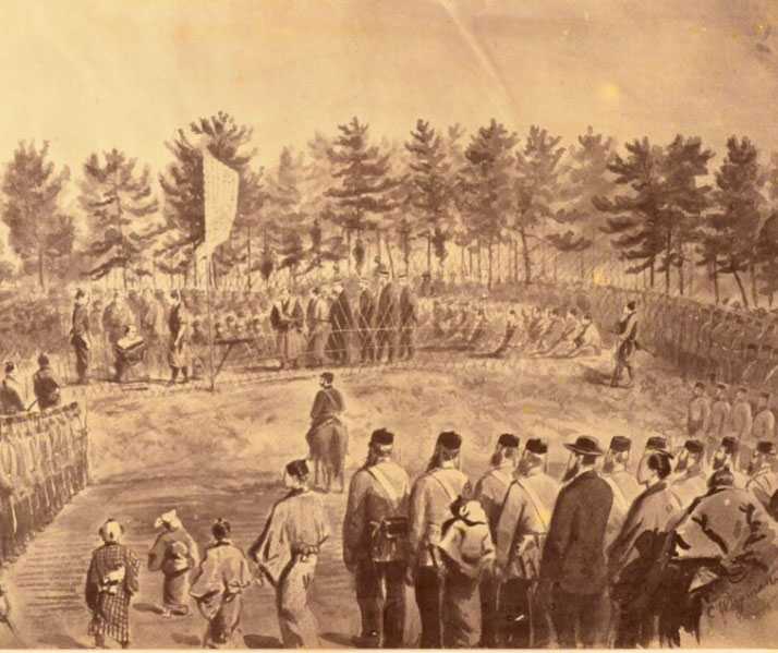 A 19th-century albumen print showing a public beheading in Japan: the condemned kneels before executioners as a crowd of spectators in traditional and military dress looks on.