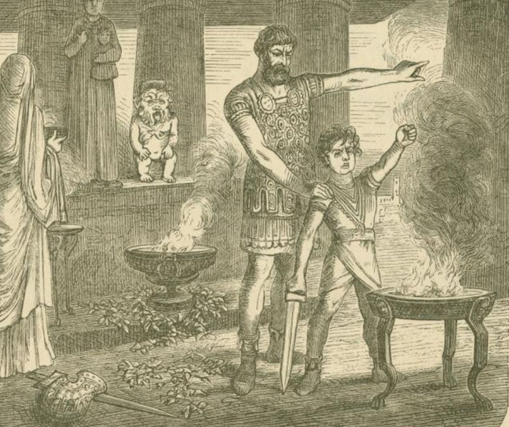 An armored man guides a child holding a sword near a smoking altar, with other figures and statues observing in a classical setting.
