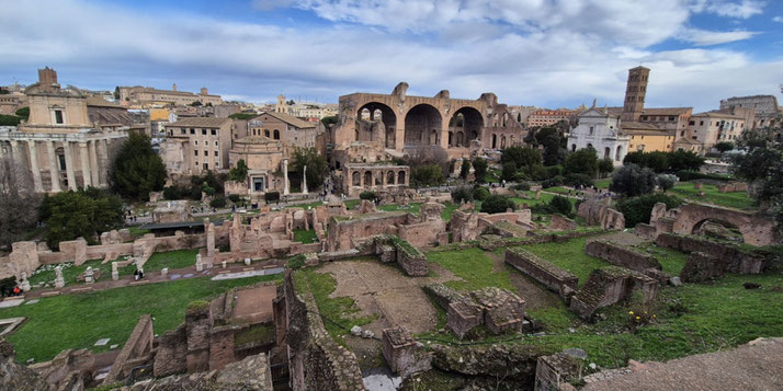 Panoramic view of the Roman Forum ruins, with ancient temples, arches, and basilicas set among greenery and surrounded by historic buildings in Rome.