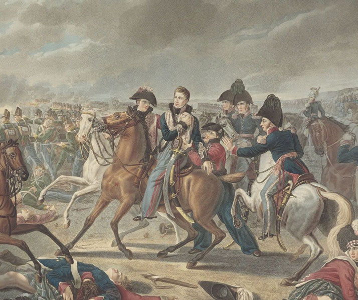 Hand-colored etching by Willem van Senus after Joseph-Denis Odevaere, depicting the Prince of Orange wounded during the Battle of Waterloo.