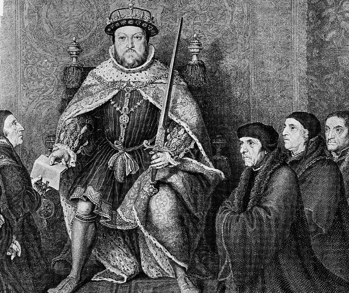 A historical engraving of a regal king, possibly Henry VIII, seated on a throne, wearing an ornate crown and robe, holding a large sword.