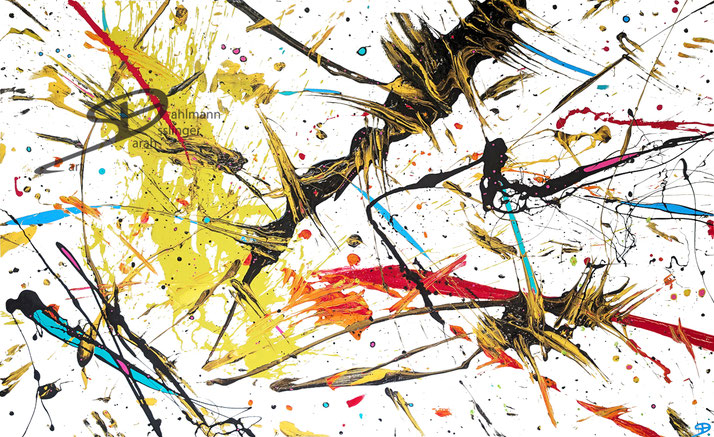 Sarah Esslinger-Dahlmann, zerfetzen, Januar 2025, 160 x 100 cm, Acrylfarbe, Mischtechnik auf Leinwand, abstraktes, kraftvolles, farbintensives Werk, schmutziges gelb-schwarz, als Gegensatz dazu sanfte Farben