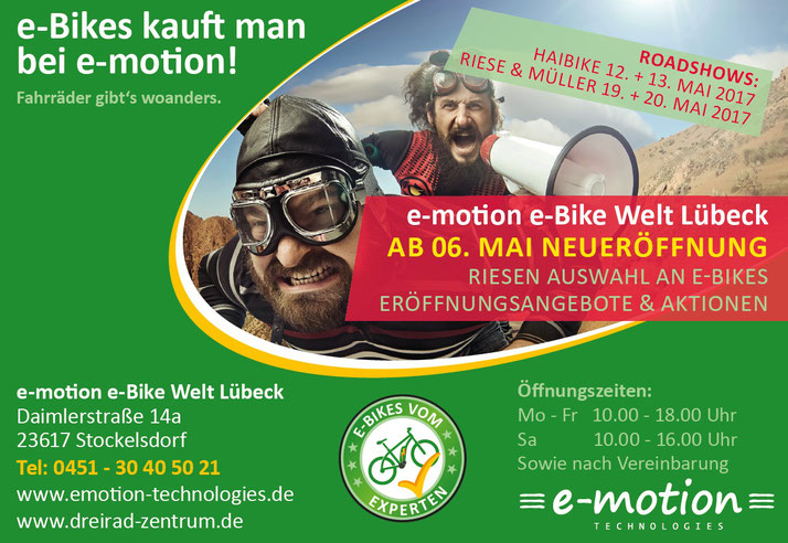Eröffnungsangebot für e-Bikes und Pedelecs mit Haibike und Riese und Müller in Lübeck im Mai 2017