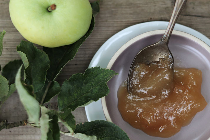 Apfel-Rhabarber-Marmelade von oben auf einem Teller