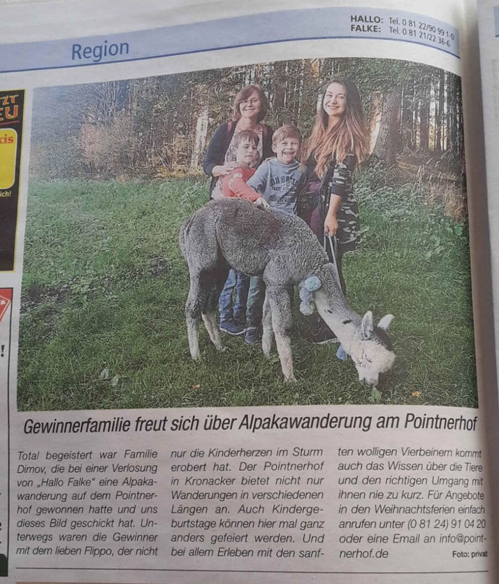 Alpaka Flippo Wanderung Alpakawanderung Alpakawandern gewinn gewinnspiel Familie kind kinder Erlebnis Erlebnisbauernhof Alpakahof Zeitung Zeitungsbericht Zeitung Presse