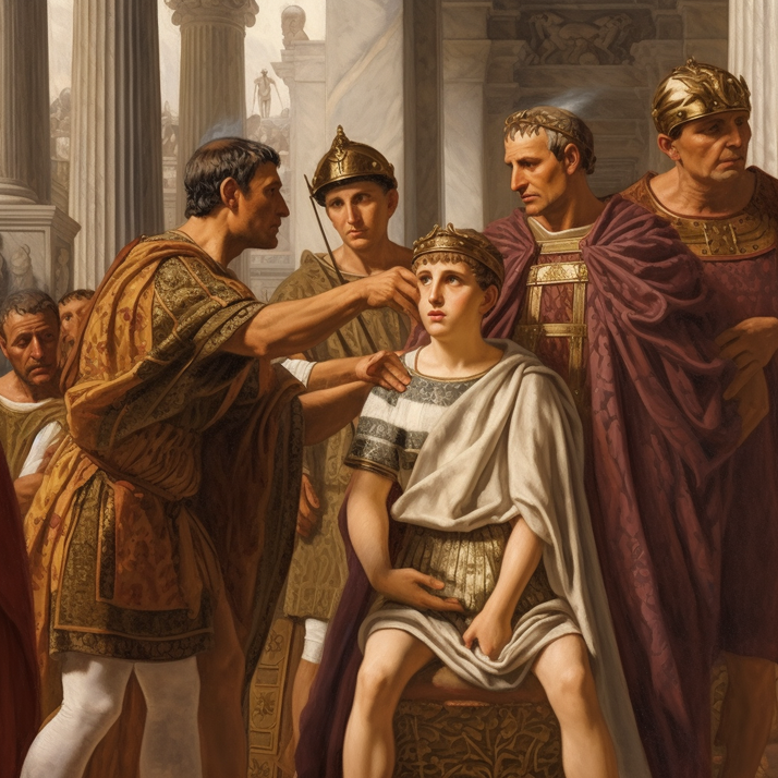 A young Roman emperor, seated and dressed in ceremonial armor, as an advisor gestures toward him. Surrounding officials in regal attire observe with solemn expressions.