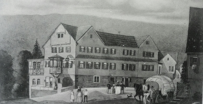 Wohn- und Geschäftshaus mit Schiller-Erker, in welchem Friedrich Schiller regelmäßig Speis und Trank sowie ab 1776 Teile seines wohl bekanntesten Werkes "Die Räuber" verfasste - Zeichnung  18. Jahrhundert.