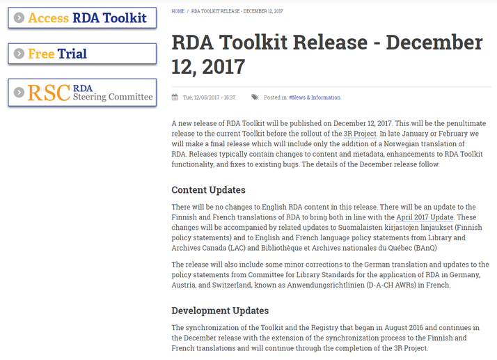 Infos zum Dezember-Release auf der Website des RDA Toolkit