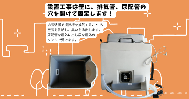 こまらんトイレの設置工事は排気管、尿配管を壁に通す工事をします。