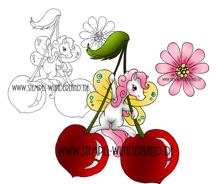 Digi Stamp Digitaler Stempel koloriertes Printable Datei Fee Pony Pferd Schmetterling Kirsche Kirschblüte Fabelwesen von www.stempel-wunderland.de