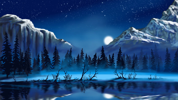 Digital Art "Klare Nacht": nebliger See mit Bäumen und Bergen im Hintergrund, darüber scheint der Mond und die sternenklare Nacht ist sichtbar