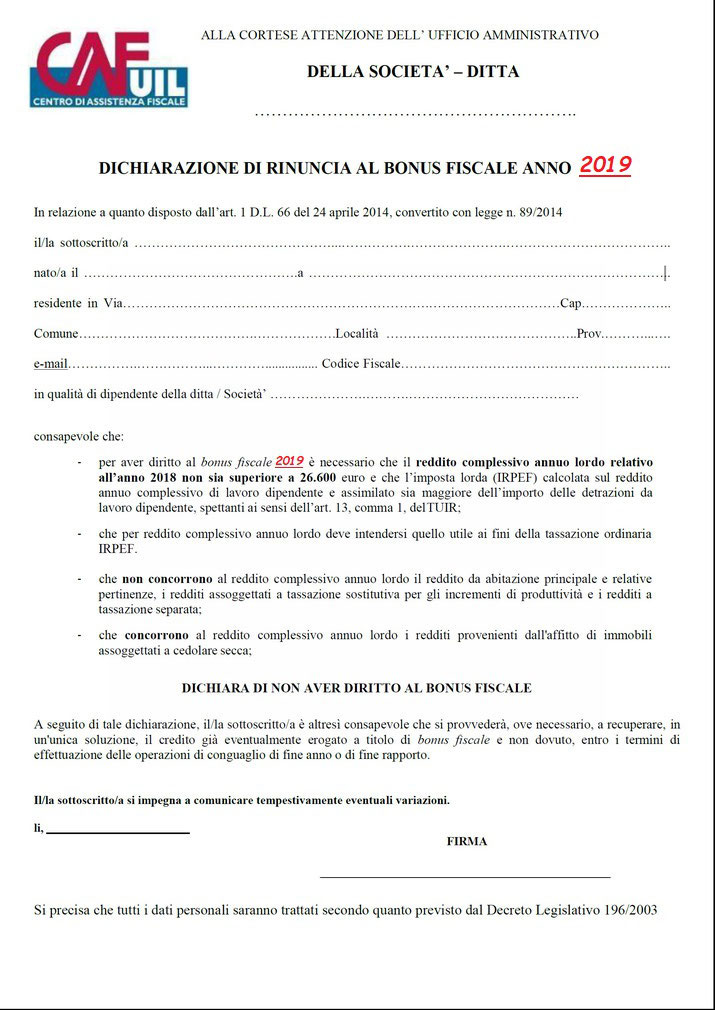 MODULO RINUNCIA BONUS RENZI ANNO 2017 - Uilm Provincia di Cuneo