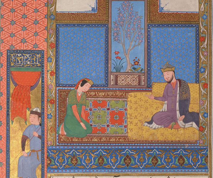 Al-Ma'mun proposes to his adviser's daughter in a palace; she quotes the Qur'an, urging patience, which he respectfully accepts.