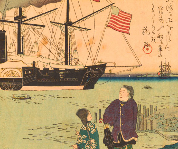 This Japanese ukiyo-e print depicts a Western steamship with an American flag docked near the shore.