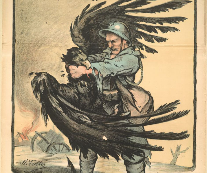 A World War I-era illustration of a French soldier tearing apart a large black eagle, symbolizing Germany, with a battlefield and wreckage in the background.