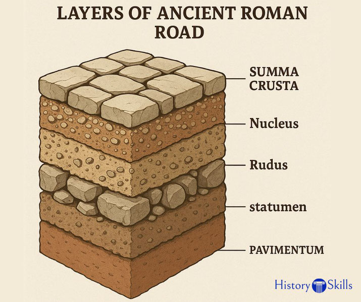 Illustrated cross-section of an ancient Roman road showing labeled layers: summa crusta, nucleus, rudus, statumen, and pavimentum.