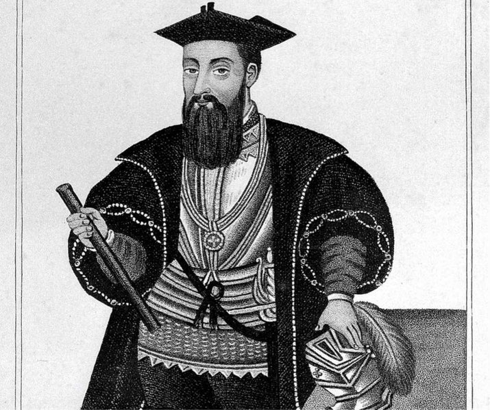Vasco da Gama in elaborate attire, holding a staff and resting a hand on a plumed helmet.