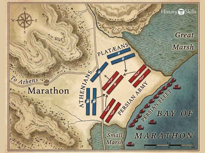 Historical battle map of Marathon showing Athenian and Plataean forces confronting the Persian army near the Bay of Marathon, with terrain, marshes, and fleet positions marked.