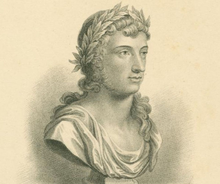 Sepia-toned drawing of a bust showing a young man with curled hair, laurel wreath, and draped toga, gazing slightly to the side.