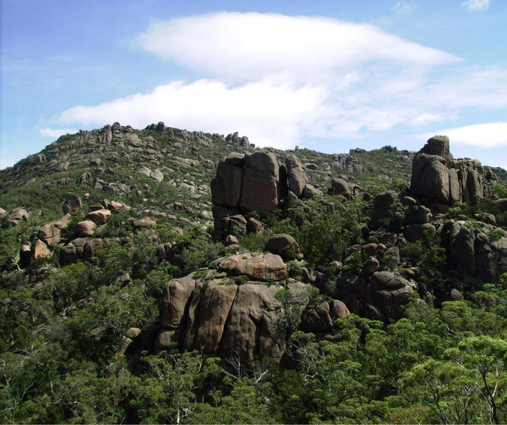 Large granite boulders rise above dense green bushland under a blue sky with scattered clouds.